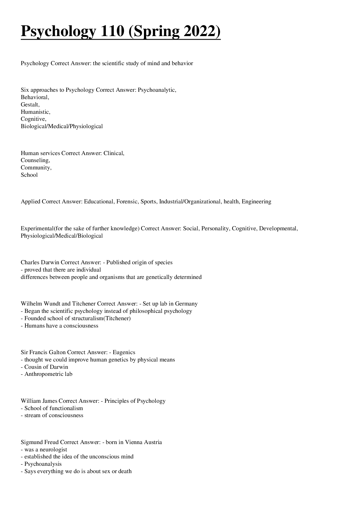 Preview image for Psychology 110 (Spring 2022). ALL answers verified.